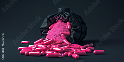 A heap of drugs, nestled in a black bag, with a bright pink powder spilling out. photo