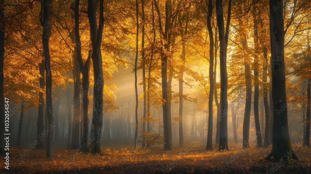 Fototapeta premium Enchanted Forest with Tall Trees in Misty Atmosphere