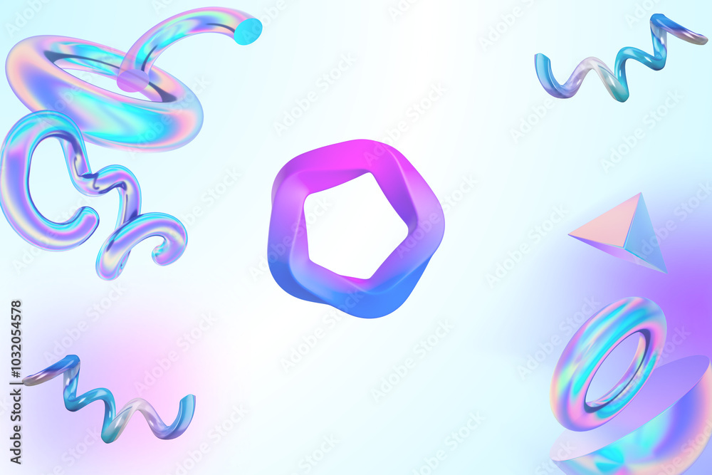 This image features a 3D abstract design with vibrant, metallic shapes in shades of purple, blue, and pink. Various twisted, spiral, and polygonal forms float on a light, gradient background. This image features a 3D abstract design with vibrant, metallic shapes in shades of purple, blue, and pink. Various twisted, spiral, and polygonal forms float on a light, gradient background.