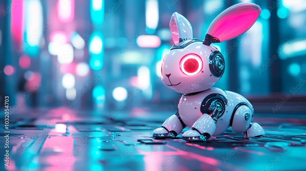 Robot Rabbit Ear Robot bunny with mechanical ears and glowing LED nose hopping across a ...