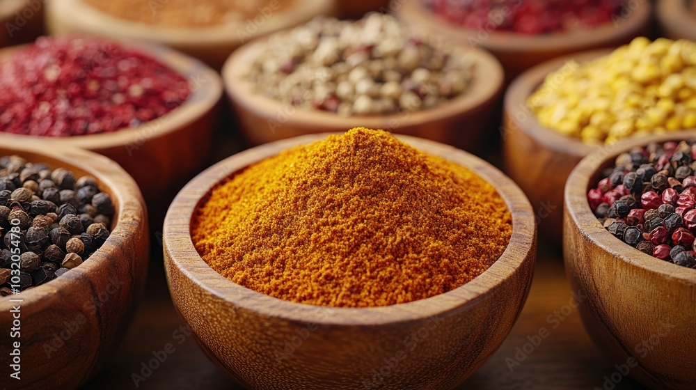 Close-up of assorted spices in wooden bowls, including turmeric powder, peppercorns, and red pepper flakes. Close-up of assorted spices in wooden bowls, including turmeric powder, peppercorns, and red pepper flakes.