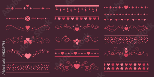 Vintage elegant dividers with hearts and stars, Valentine Day decorations, frames, stickers and ornament set. Vector red and pink design elements.