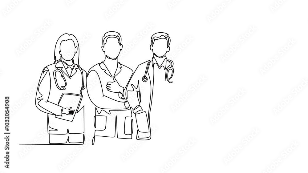 Self drawing animation of single line draw group of talented male and female doctors standing and posing together at hospital. Medical health care services. Continuous line draw. Full length animated Self drawing animation of single line draw group of talented male and female doctors standing and posing together at hospital. Medical health care services. Continuous line draw. Full length animated