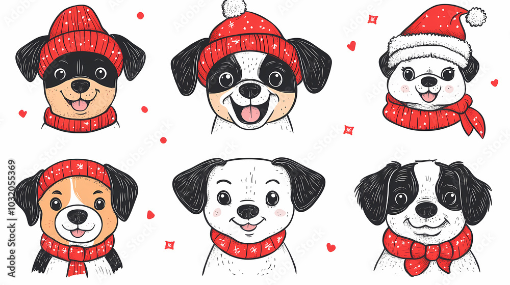 Vector set of cute and smiling dog doodles. Dog faces with flat colors, bows, christmas hats, scarfs, dalmatian, pug, poodle, and beagle on white background. Sticker, comic, and print design.