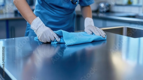 Worker cleaning a stainless steel kitchen table with disinfectant cloth, hygiene focus