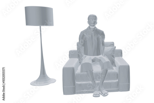 Polygonal model of a man in shorts sitting in a chair next to a bookcase with books. Vector illustration. 3D photo