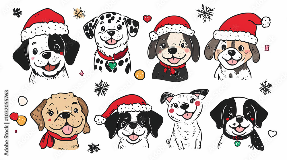 Obraz premium Vector set of cute and smiling dog doodles. Dog faces with flat colors, bows, christmas hats, scarfs, dalmatian, pug, poodle, and beagle on white background. Sticker, comic, and print design.