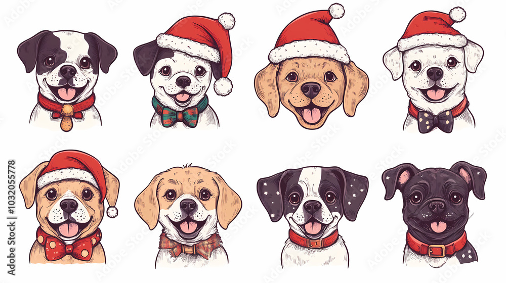 Vector set of cute and smiling dog doodles. Dog faces with flat colors, bows, christmas hats, scarfs, dalmatian, pug, poodle, and beagle on white background. Sticker, comic, and print design.