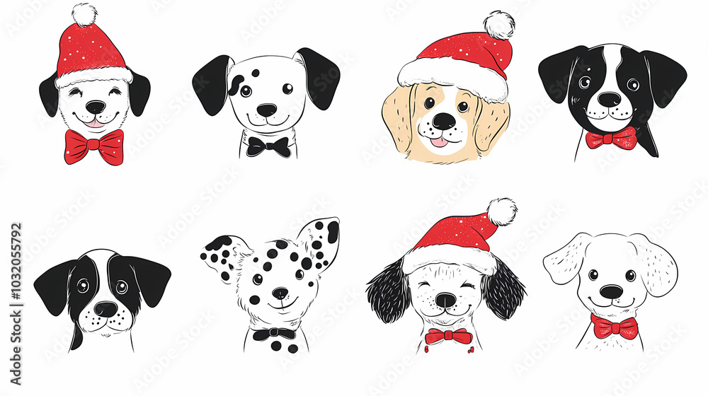 Vector set of cute and smiling dog doodles. Dog faces with flat colors, bows, christmas hats, scarfs, dalmatian, pug, poodle, and beagle on white background. Sticker, comic, and print design. Vector set of cute and smiling dog doodles. Dog faces with flat colors, bows, christmas hats, scarfs, dalmatian, pug, poodle, and beagle on white background. Sticker, comic, and print design.