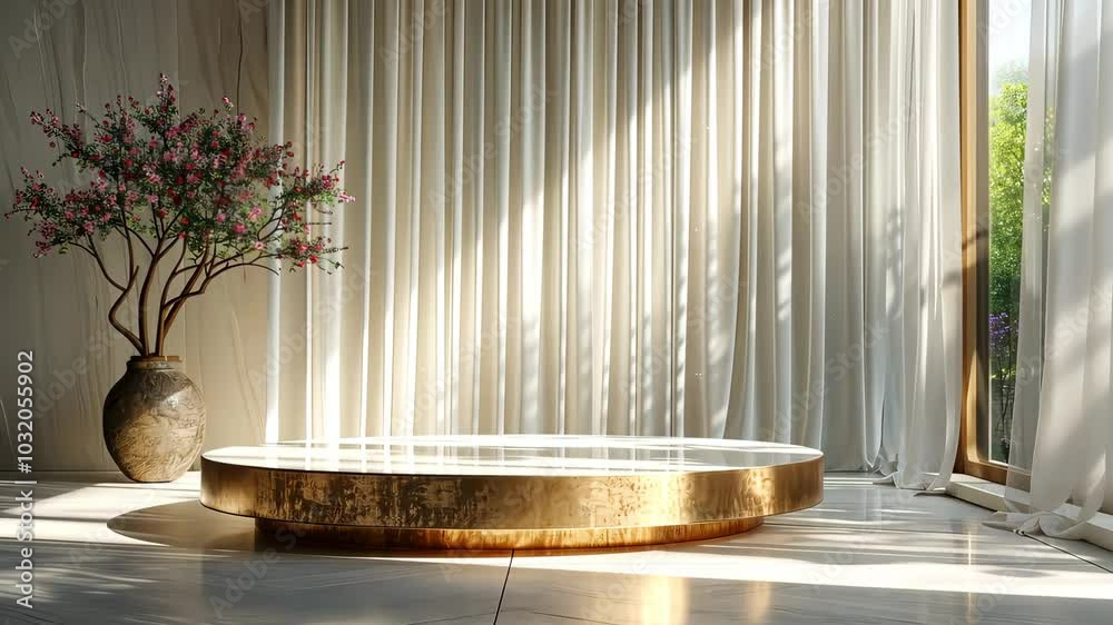 Minimalist living space with round golden coffee table and large vase, serene interior decor concept. Minimalist living space with round golden coffee table and large vase, serene interior decor concept.