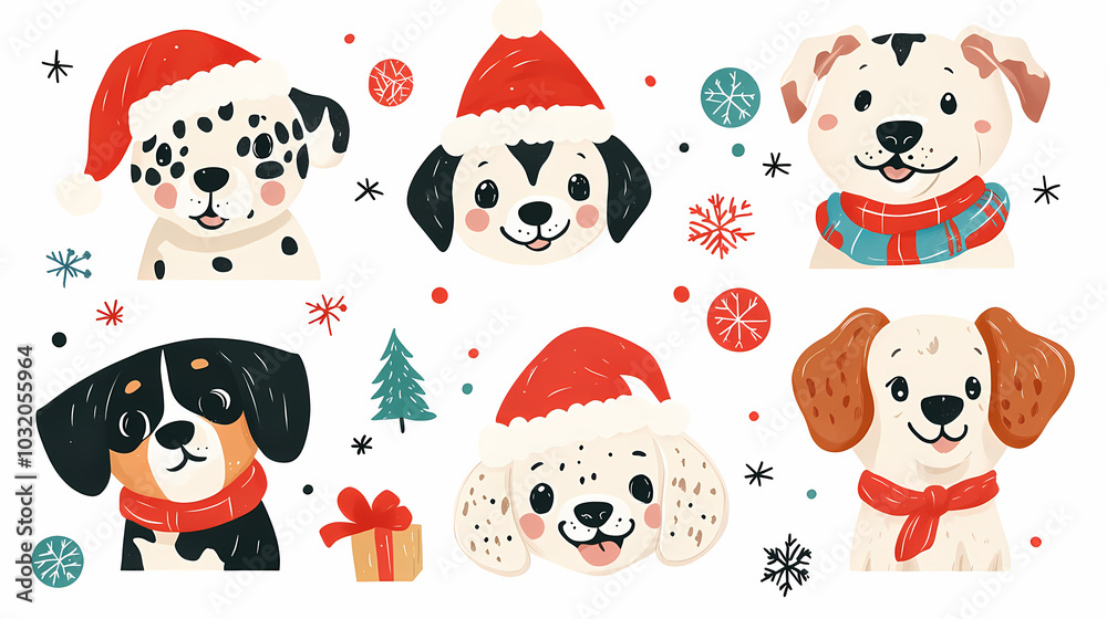 Vector set of cute and smiling dog doodles. Dog faces with flat colors, bows, christmas hats, scarfs, dalmatian, pug, poodle, and beagle on white background. Sticker, comic, and print design. Vector set of cute and smiling dog doodles. Dog faces with flat colors, bows, christmas hats, scarfs, dalmatian, pug, poodle, and beagle on white background. Sticker, comic, and print design.
