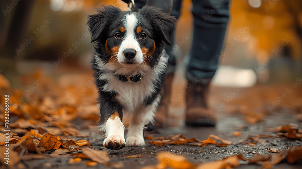 In the summer, a human and his dog walk in a park together, Adorable domestic pets concept, Friendship between humans and their pets In the summer, a human and his dog walk in a park together, Adorable domestic pets concept, Friendship between humans and their pets