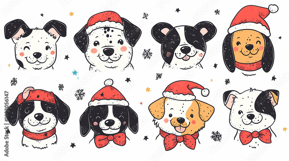 Vector set of cute and smiling dog doodles. Dog faces with flat colors, bows, christmas hats, scarfs, dalmatian, pug, poodle, and beagle on white background. Sticker, comic, and print design. Vector set of cute and smiling dog doodles. Dog faces with flat colors, bows, christmas hats, scarfs, dalmatian, pug, poodle, and beagle on white background. Sticker, comic, and print design.