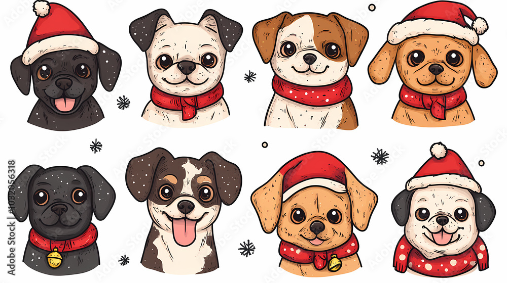 Vector set of cute and smiling dog doodles. Dog faces with flat colors, bows, christmas hats, scarfs, dalmatian, pug, poodle, and beagle on white background. Sticker, comic, and print design. Vector set of cute and smiling dog doodles. Dog faces with flat colors, bows, christmas hats, scarfs, dalmatian, pug, poodle, and beagle on white background. Sticker, comic, and print design.