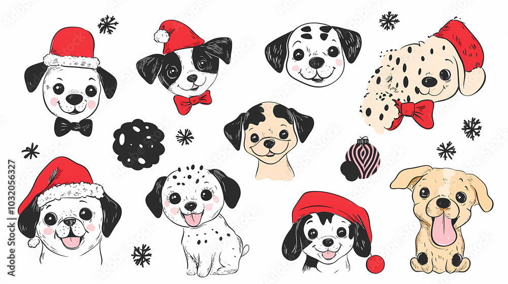 Vector set of cute and smiling dog doodles. Dog faces with flat colors, bows, christmas hats, scarfs, dalmatian, pug, poodle, and beagle on white background. Sticker, comic, and print design. Vector set of cute and smiling dog doodles. Dog faces with flat colors, bows, christmas hats, scarfs, dalmatian, pug, poodle, and beagle on white background. Sticker, comic, and print design.