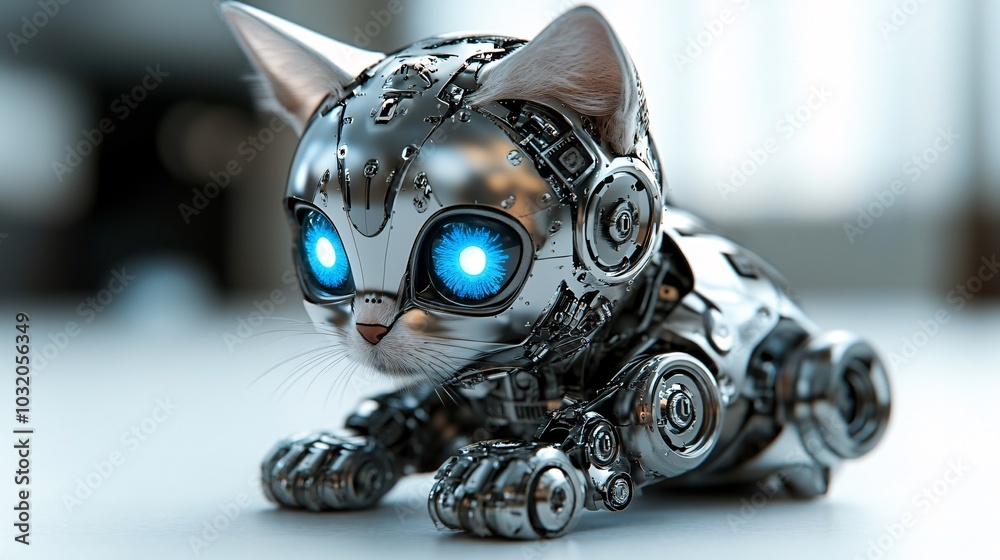 Sleek robotic kitten with smooth metallic fur and glowing blue eyes looking playful on a bright surface Stock Photo with side copy space Sleek robotic kitten with smooth metallic fur and glowing blue eyes looking playful on a bright surface Stock Photo with side copy space