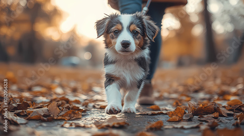 In the summer, a human and his dog walk in a park together, Adorable domestic pets concept, Friendship between humans and their pets