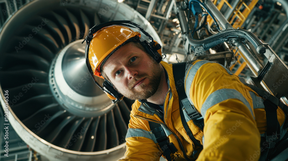maintenance engineer wearing yellow safety suit and helmet is working near large jet engine. environment is industrial, showcasing complexity of aircraft maintenance maintenance engineer wearing yellow safety suit and helmet is working near large jet engine. environment is industrial, showcasing complexity of aircraft maintenance