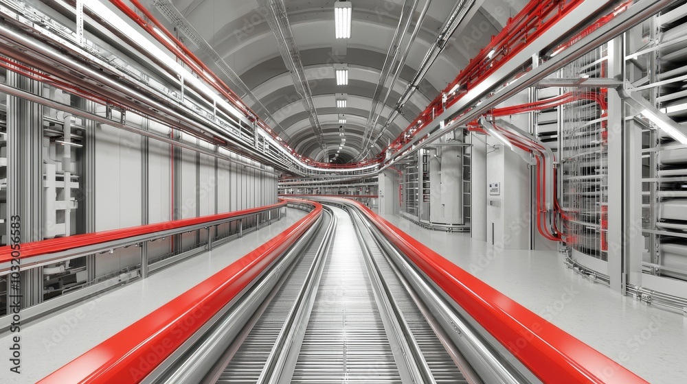 Obraz premium Futuristic underground railway tunnel with red piping and tracks, ideal for futuristic transportation projects.
