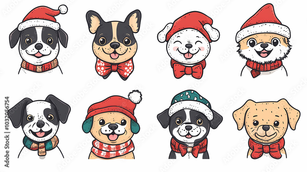 Vector set of cute and smiling dog doodles. Dog faces with flat colors, bows, christmas hats, scarfs, dalmatian, pug, poodle, and beagle on white background. Sticker, comic, and print design.