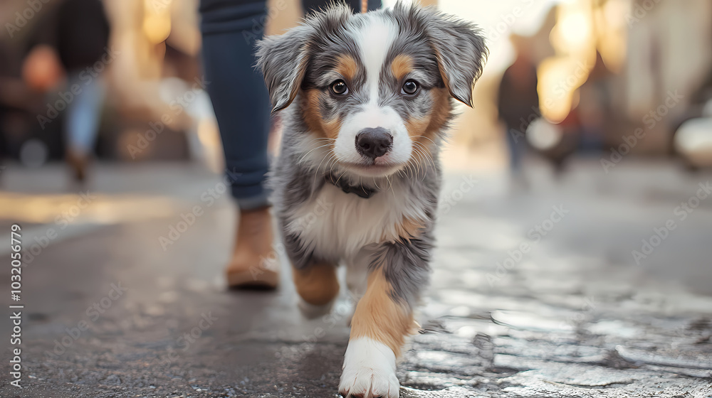 In the summer, a human and his dog walk in a park together, Adorable domestic pets concept, Friendship between humans and their pets In the summer, a human and his dog walk in a park together, Adorable domestic pets concept, Friendship between humans and their pets