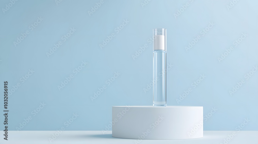 A clear glass bottle on a minimalistic pedestal against a soft blue background. A clear glass bottle on a minimalistic pedestal against a soft blue background.