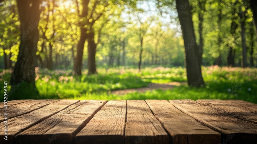 Rustic wooden table with vibrant spring forest background, perfect for product displays and seasonal themes. Nature Rustic wooden table with vibrant spring forest background, perfect for product displays and seasonal themes. Nature
