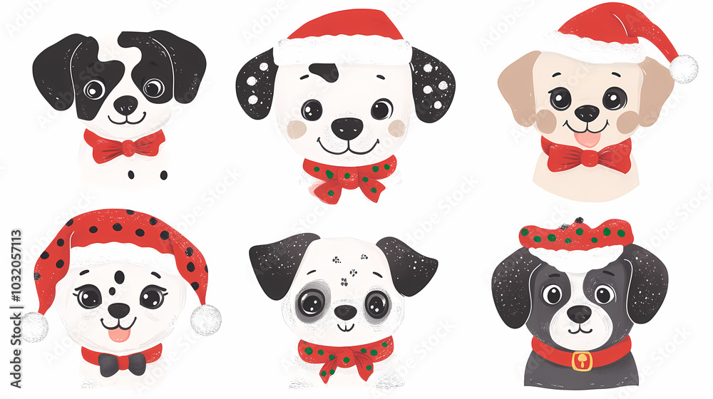 Obraz premium Vector set of cute and smiling dog doodles. Dog faces with flat colors, bows, christmas hats, scarfs, dalmatian, pug, poodle, and beagle on white background. Sticker, comic, and print design.