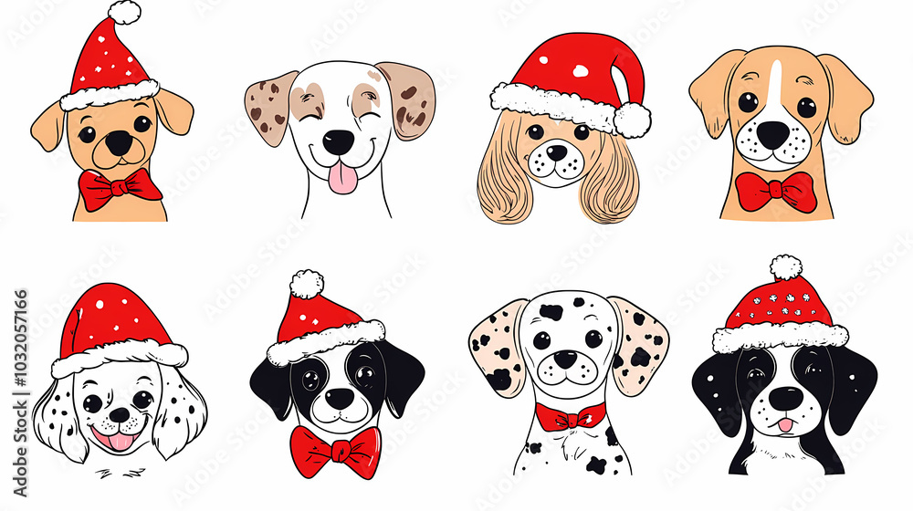 Vector set of cute and smiling dog doodles. Dog faces with flat colors, bows, christmas hats, scarfs, dalmatian, pug, poodle, and beagle on white background. Sticker, comic, and print design. Vector set of cute and smiling dog doodles. Dog faces with flat colors, bows, christmas hats, scarfs, dalmatian, pug, poodle, and beagle on white background. Sticker, comic, and print design.