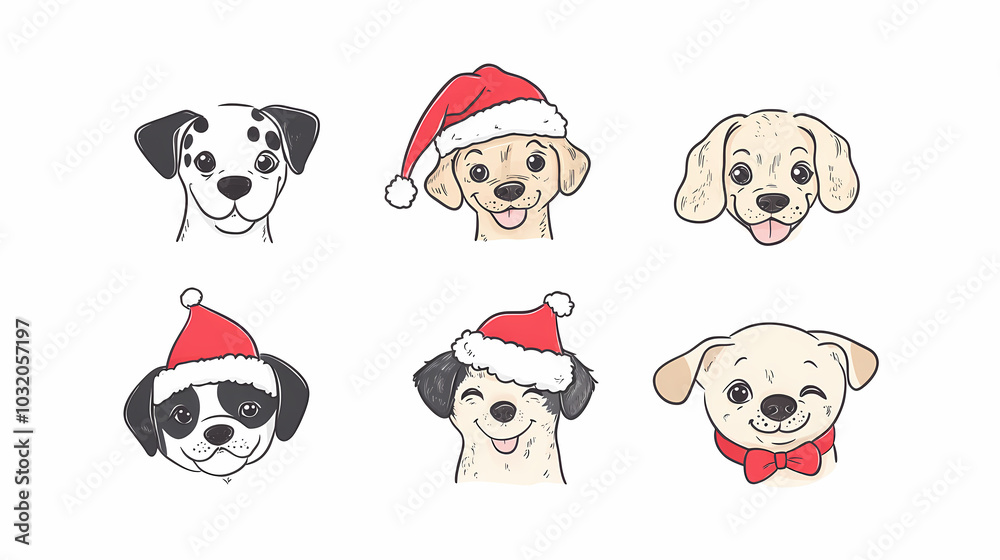 Vector set of cute and smiling dog doodles. Dog faces with flat colors, bows, christmas hats, scarfs, dalmatian, pug, poodle, and beagle on white background. Sticker, comic, and print design.