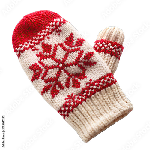 A cozy, knitted glove with a red and white snowflake pattern. The glove is made of wool and has a red stripe down the middle. It's a warm and stylish accessory perfect for cold winter days