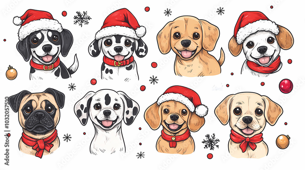 Vector set of cute and smiling dog doodles. Dog faces with flat colors, bows, christmas hats, scarfs, dalmatian, pug, poodle, and beagle on white background. Sticker, comic, and print design. Vector set of cute and smiling dog doodles. Dog faces with flat colors, bows, christmas hats, scarfs, dalmatian, pug, poodle, and beagle on white background. Sticker, comic, and print design.