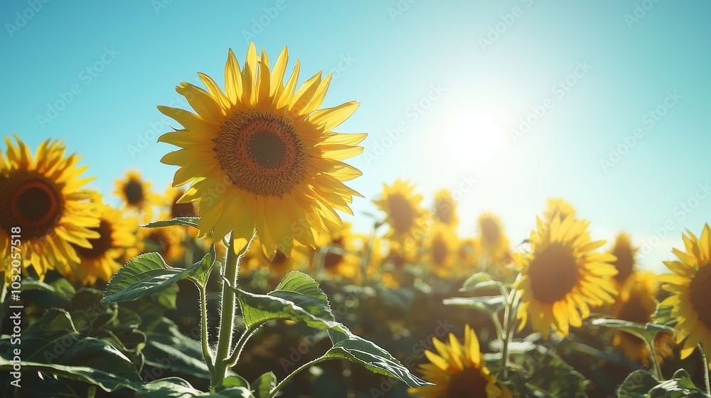 Obraz premium Bright Sunflowers in a Wide Open Field Under Sunlight