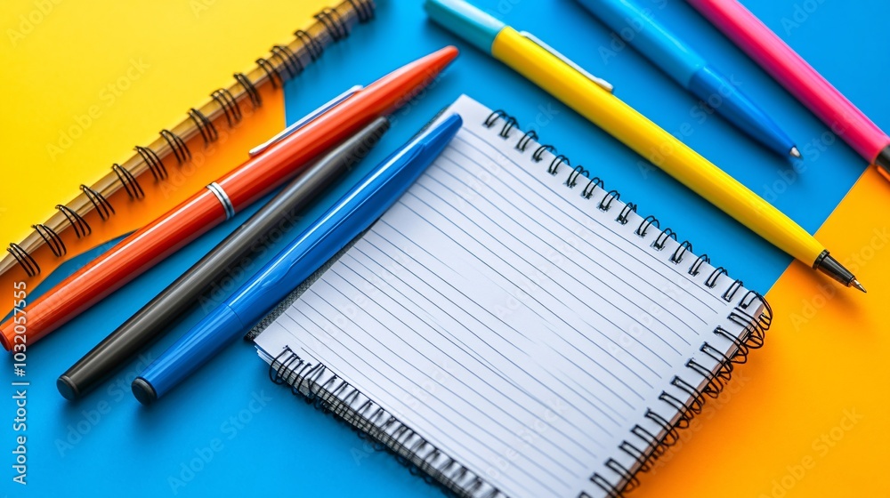 Open textbook with blank notebook and ballpoint pens positioned diagonally on a vibrant surface Stock Photo with side copy space Open textbook with blank notebook and ballpoint pens positioned diagonally on a vibrant surface Stock Photo with side copy space
