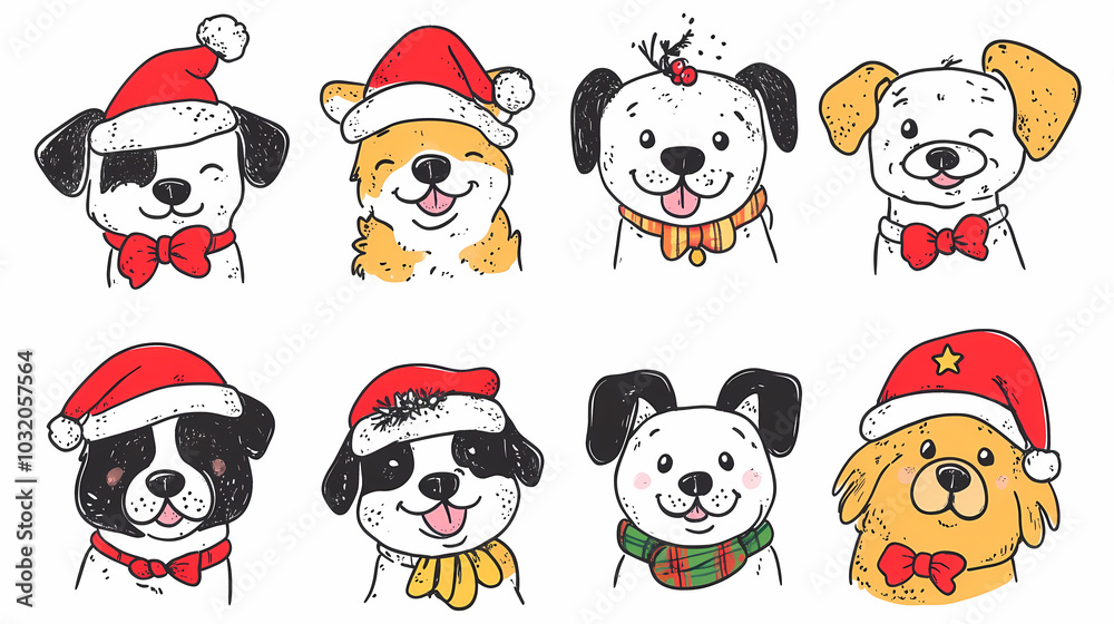 Obraz premium Vector set of cute and smiling dog doodles. Dog faces with flat colors, bows, christmas hats, scarfs, dalmatian, pug, poodle, and beagle on white background. Sticker, comic, and print design.