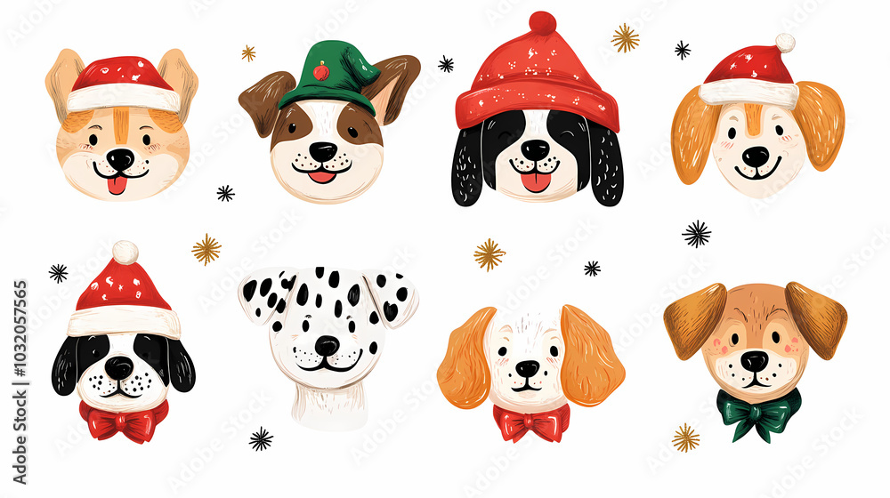 Vector set of cute and smiling dog doodles. Dog faces with flat colors, bows, christmas hats, scarfs, dalmatian, pug, poodle, and beagle on white background. Sticker, comic, and print design. Vector set of cute and smiling dog doodles. Dog faces with flat colors, bows, christmas hats, scarfs, dalmatian, pug, poodle, and beagle on white background. Sticker, comic, and print design.