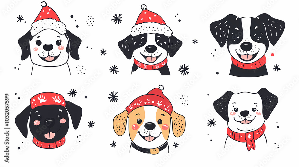 Vector set of cute and smiling dog doodles. Dog faces with flat colors, bows, christmas hats, scarfs, dalmatian, pug, poodle, and beagle on white background. Sticker, comic, and print design.