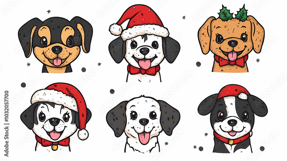 Vector set of cute and smiling dog doodles. Dog faces with flat colors, bows, christmas hats, scarfs, dalmatian, pug, poodle, and beagle on white background. Sticker, comic, and print design. Vector set of cute and smiling dog doodles. Dog faces with flat colors, bows, christmas hats, scarfs, dalmatian, pug, poodle, and beagle on white background. Sticker, comic, and print design.