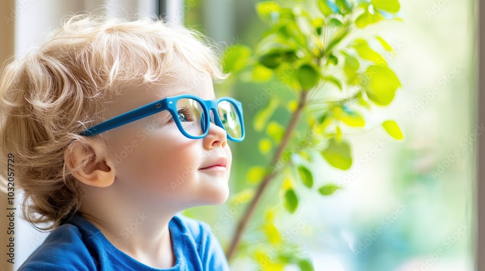 Young child wearing blue glasses focusing on distant tree outside window, symbolizing myopia prevention and importance of outdoor activities.
