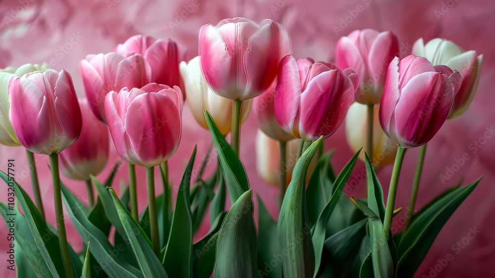 Pink and white tulips on pink background, floral elegance concept. Pink and white tulips on pink background, floral elegance concept.