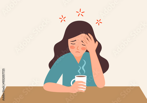 Exhausted young woman sit at table drinking coffee feel fatigue or drowsiness. Tired female suffer from overwork lack energy need caffeine.