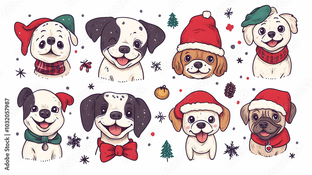 Vector set of cute and smiling dog doodles. Dog faces with flat colors, bows, christmas hats, scarfs, dalmatian, pug, poodle, and beagle on white background. Sticker, comic, and print design.