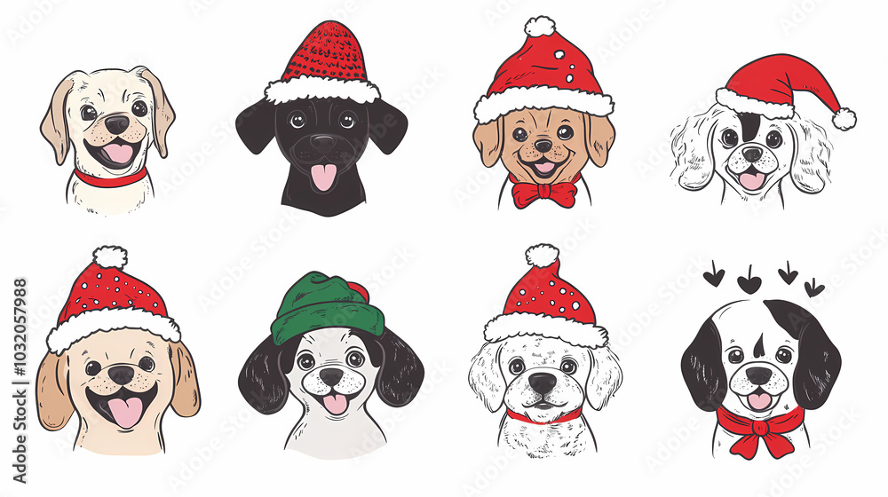 Vector set of cute and smiling dog doodles. Dog faces with flat colors, bows, christmas hats, scarfs, dalmatian, pug, poodle, and beagle on white background. Sticker, comic, and print design. Vector set of cute and smiling dog doodles. Dog faces with flat colors, bows, christmas hats, scarfs, dalmatian, pug, poodle, and beagle on white background. Sticker, comic, and print design.