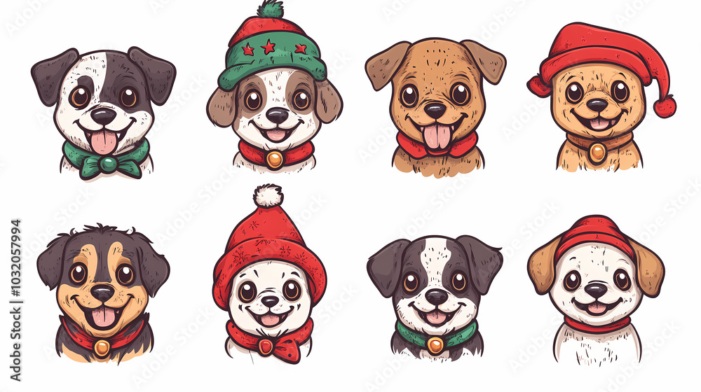 Vector set of cute and smiling dog doodles. Dog faces with flat colors, bows, christmas hats, scarfs, dalmatian, pug, poodle, and beagle on white background. Sticker, comic, and print design. Vector set of cute and smiling dog doodles. Dog faces with flat colors, bows, christmas hats, scarfs, dalmatian, pug, poodle, and beagle on white background. Sticker, comic, and print design.