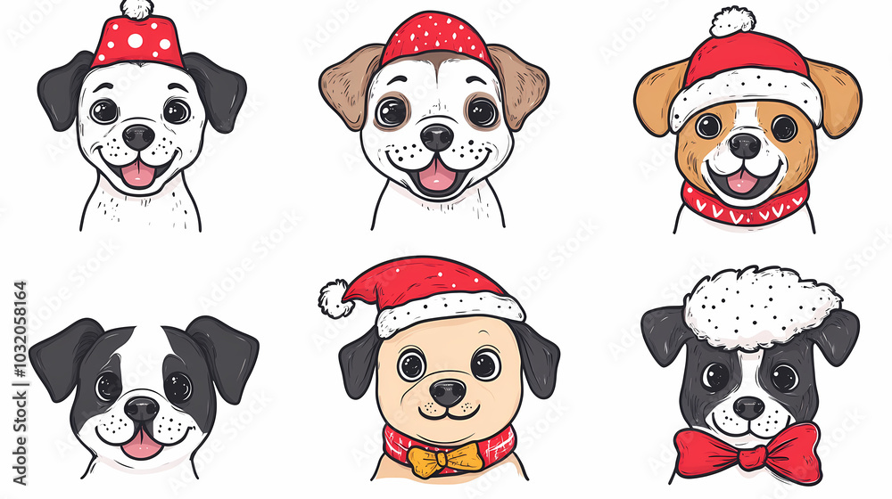 Vector set of cute and smiling dog doodles. Dog faces with flat colors, bows, christmas hats, scarfs, dalmatian, pug, poodle, and beagle on white background. Sticker, comic, and print design. Vector set of cute and smiling dog doodles. Dog faces with flat colors, bows, christmas hats, scarfs, dalmatian, pug, poodle, and beagle on white background. Sticker, comic, and print design.