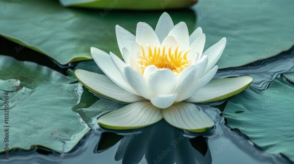A single white water lily with a yellow center floats on the surface of a pond, surrounded by lily pads. A single white water lily with a yellow center floats on the surface of a pond, surrounded by lily pads.
