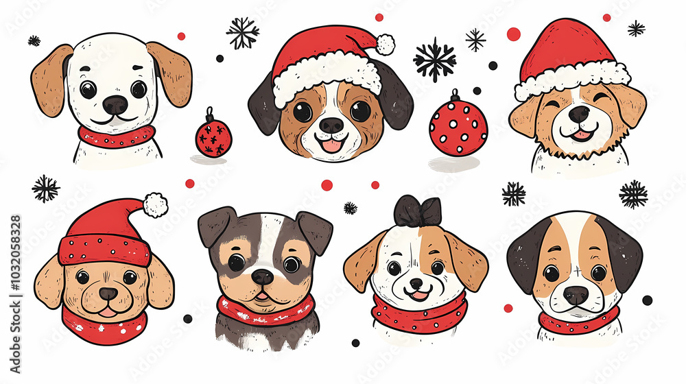 Vector set of cute and smiling dog doodles. Dog faces with flat colors, bows, christmas hats, scarfs, dalmatian, pug, poodle, and beagle on white background. Sticker, comic, and print design. Vector set of cute and smiling dog doodles. Dog faces with flat colors, bows, christmas hats, scarfs, dalmatian, pug, poodle, and beagle on white background. Sticker, comic, and print design.