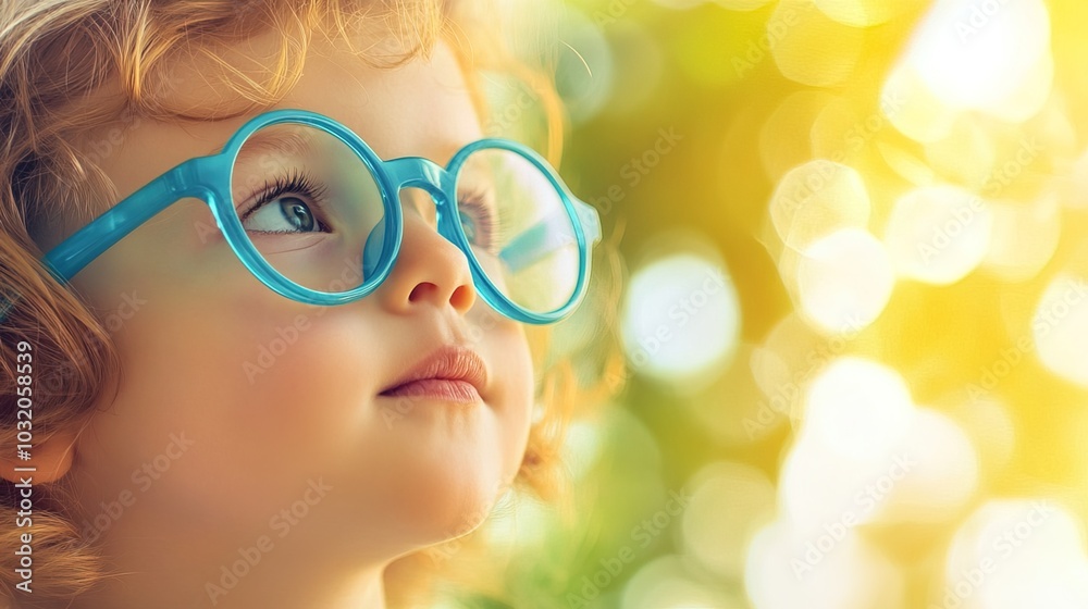 Young child wearing blue glasses focusing on distant tree outside window, symbolizing myopia prevention and importance of outdoor activities.
