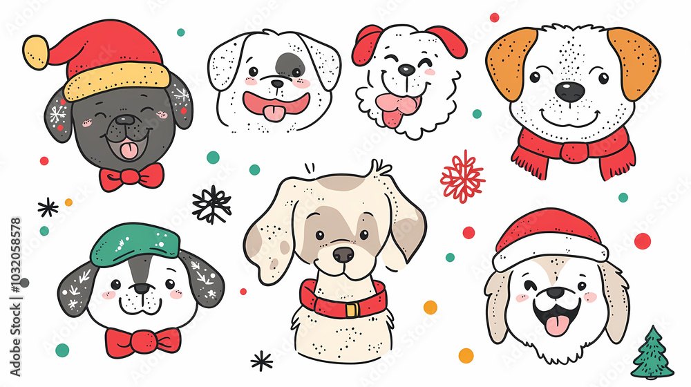 Obraz premium Vector set of cute and smiling dog doodles. Dog faces with flat colors, bows, christmas hats, scarfs, dalmatian, pug, poodle, and beagle on white background. Sticker, comic, and print design.