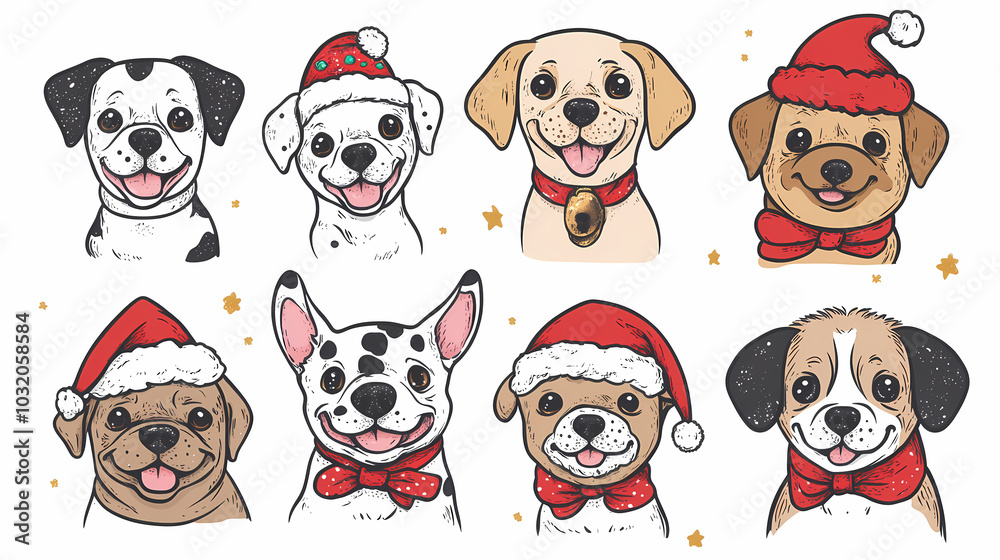 Vector set of cute and smiling dog doodles. Dog faces with flat colors, bows, christmas hats, scarfs, dalmatian, pug, poodle, and beagle on white background. Sticker, comic, and print design.